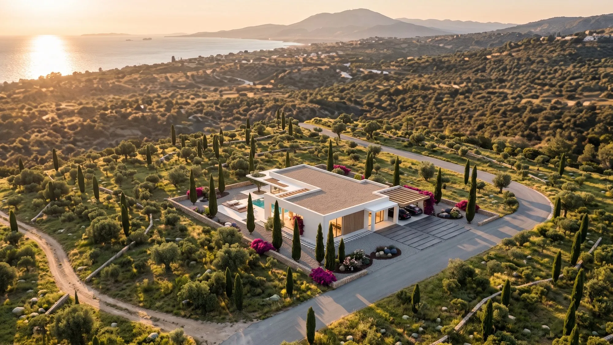 Villa at sunset — final render